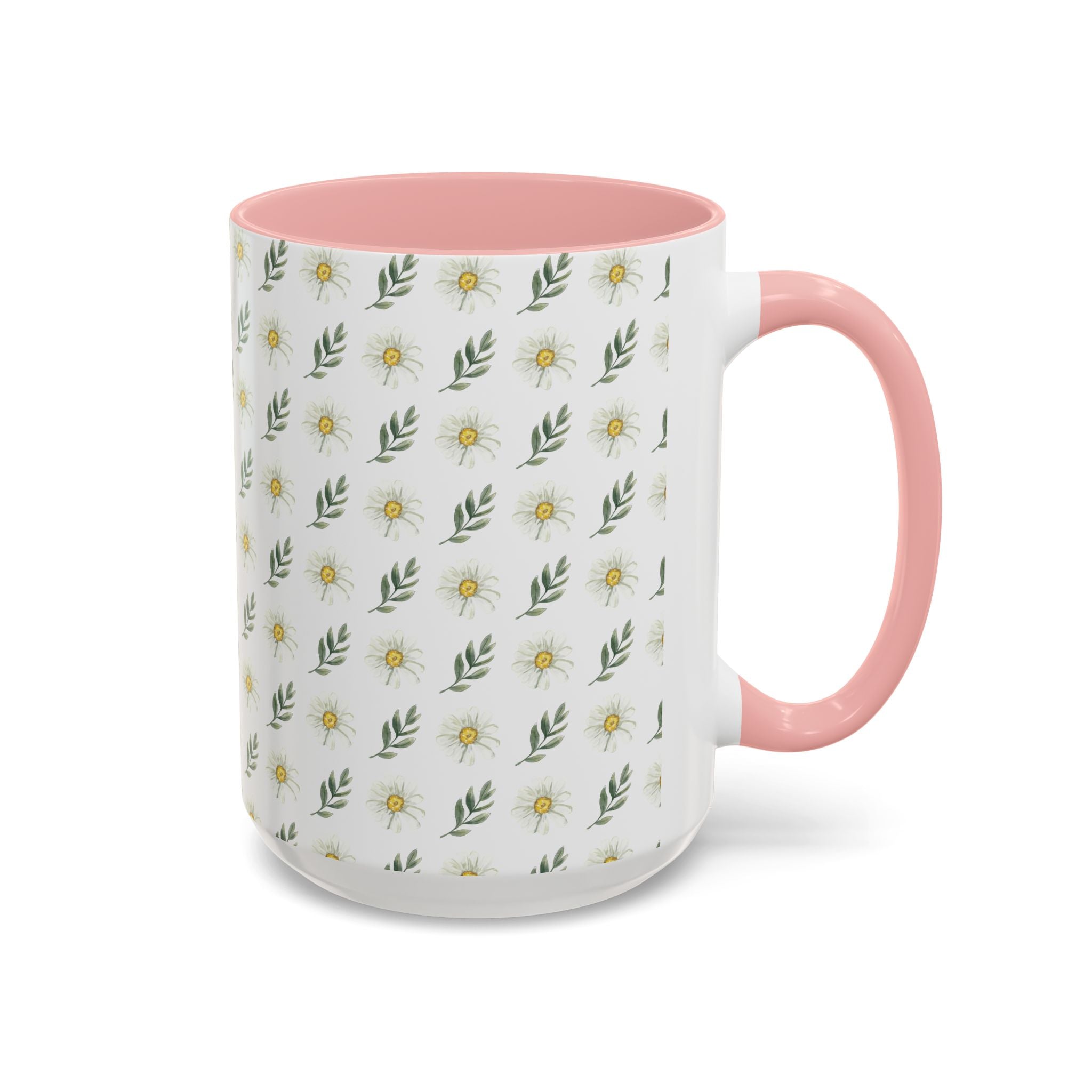 Daisy Pattern Accent Coffee Mug (11/15oz) — Pink Interior Floral Ceramic Cup