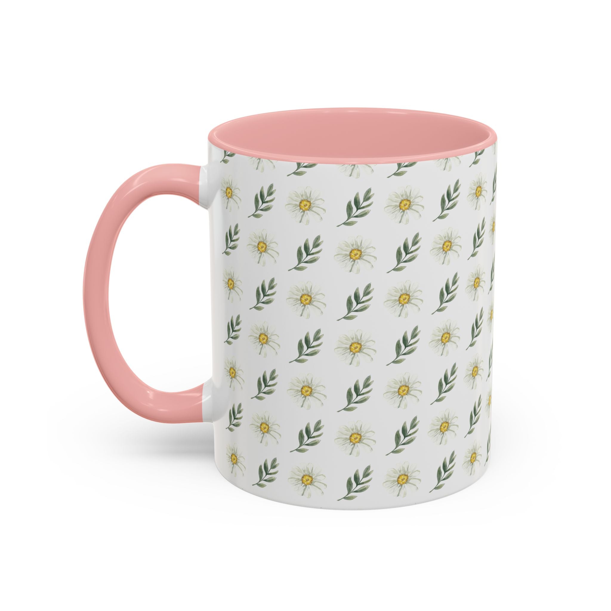 Daisy Pattern Accent Coffee Mug (11/15oz) — Pink Interior Floral Ceramic Cup