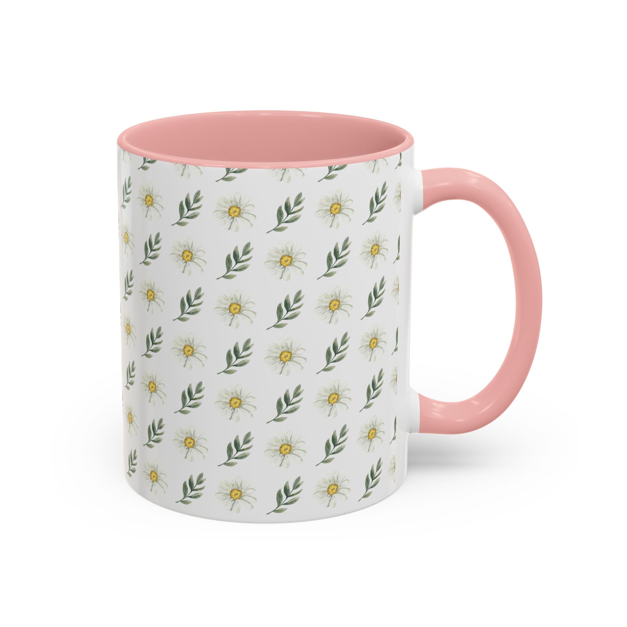 Daisy Pattern Accent Coffee Mug (11/15oz) — Pink Interior Floral Ceramic Cup