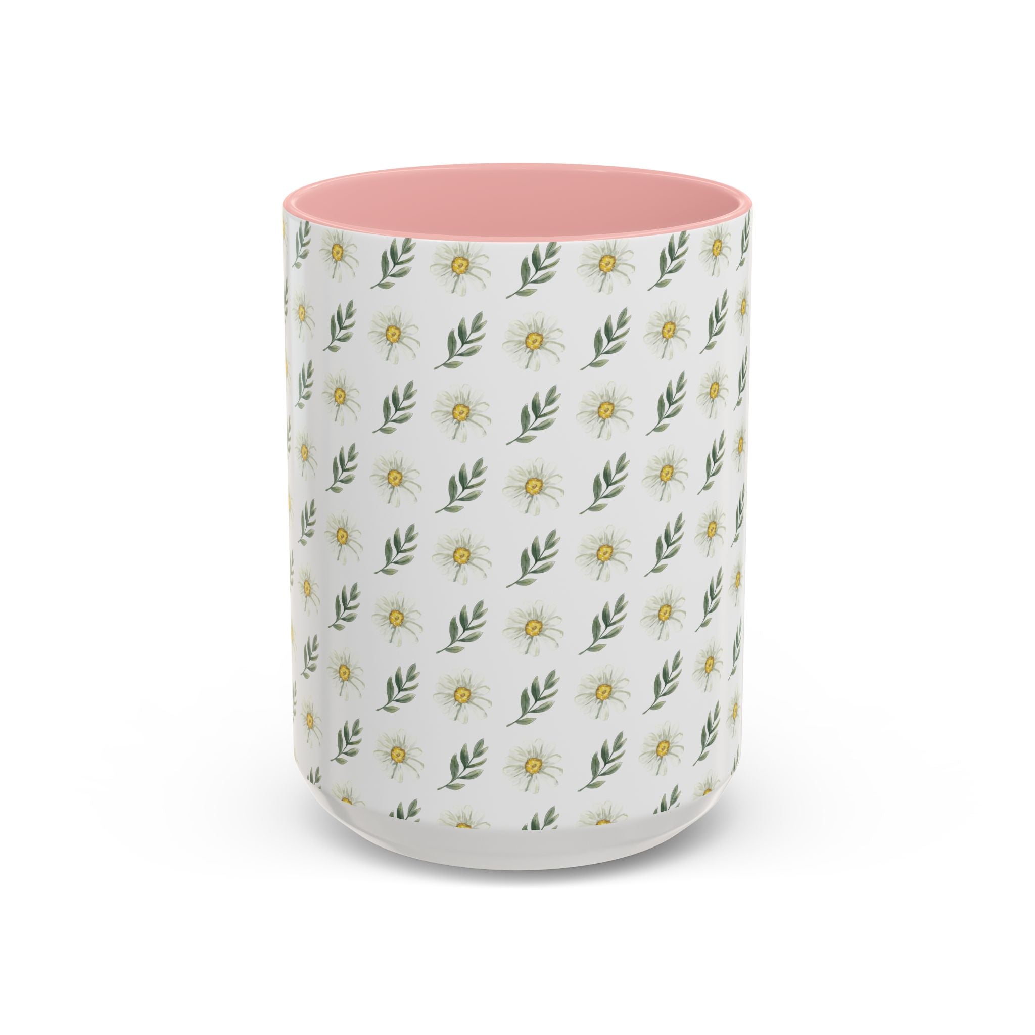 Daisy Pattern Accent Coffee Mug (11/15oz) — Pink Interior Floral Ceramic Cup
