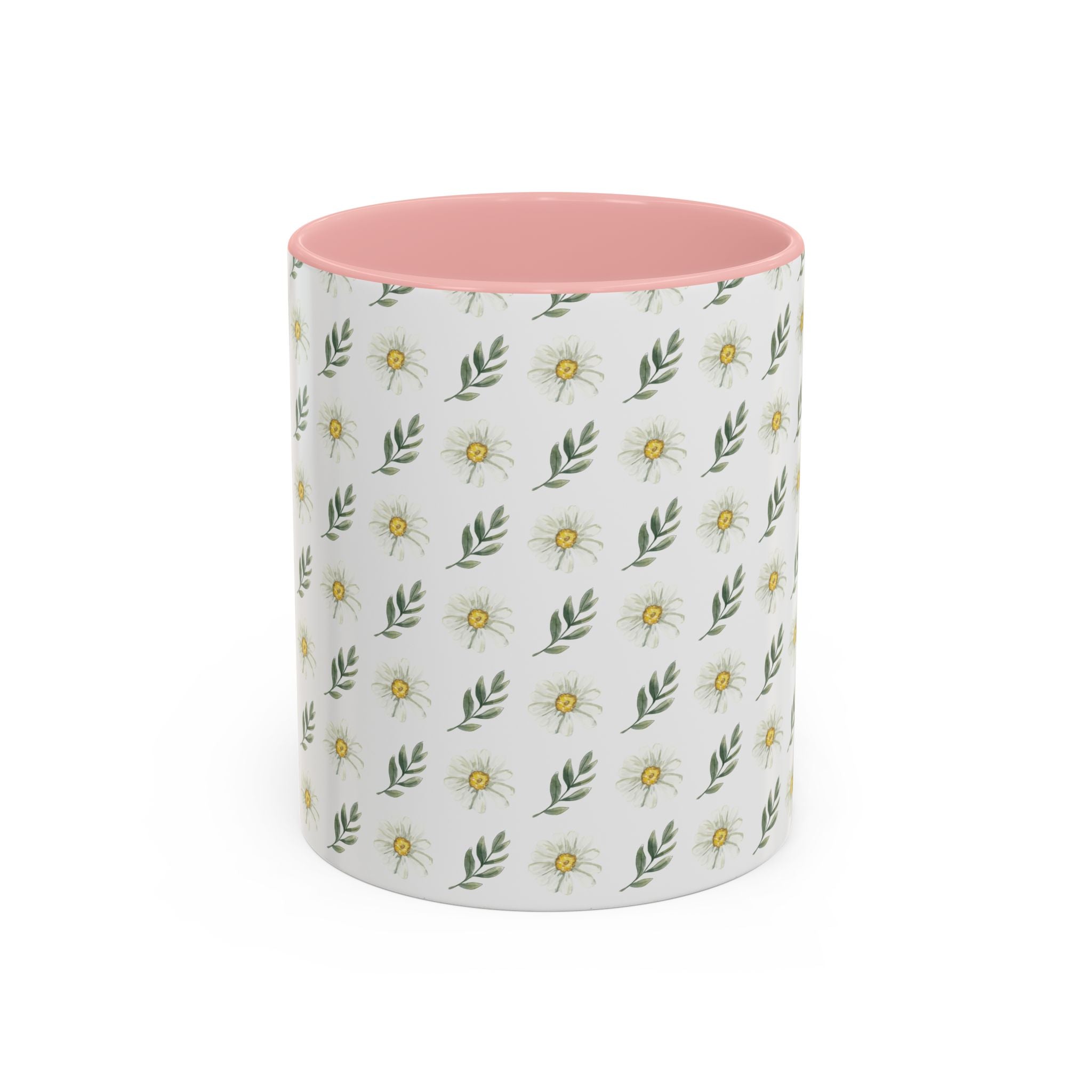Daisy Pattern Accent Coffee Mug (11/15oz) — Pink Interior Floral Ceramic Cup